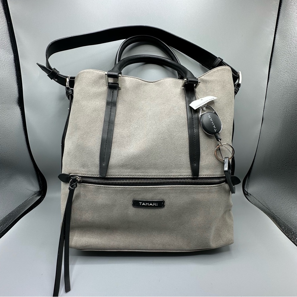 Tahari Faux Suede Gray Double Handle Shoulder Strap Bag